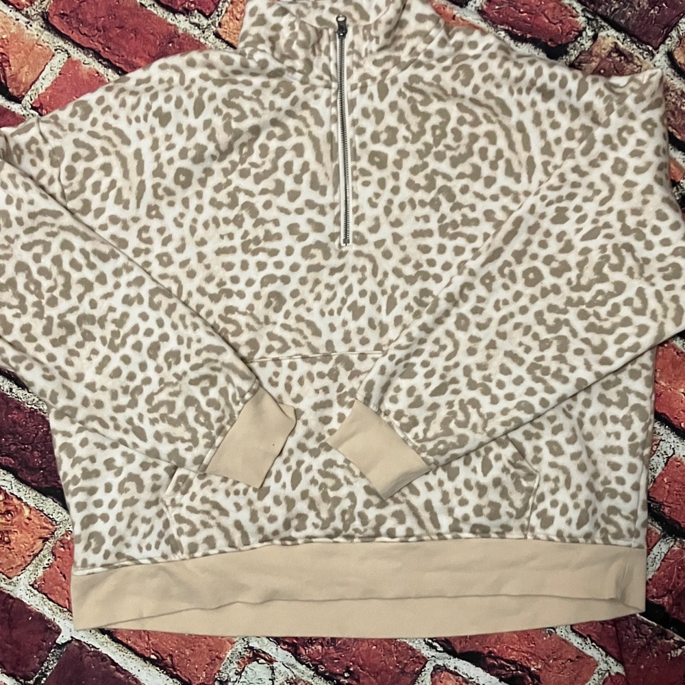 Original Use Cream and Tan Leopard Print Quarter-Zip Bomber Jacket